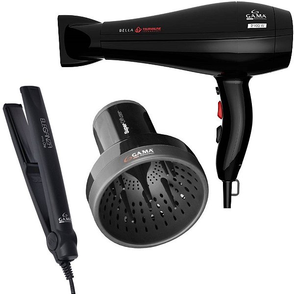 KIT GAMA - SECADOR BELLA TOURMALINE 2100W 127V + PRANCHA ELEGANZA INFINITY ONE 220ºC + DIFUSOR