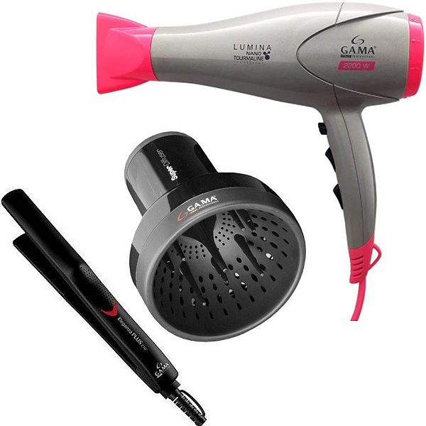 KIT GAMA - SECADOR LUMINA NANO TOURMALINE ION 2200W 127V + PRANCHA ELEGANZA PLUS 210ºC + DIFUSOR
