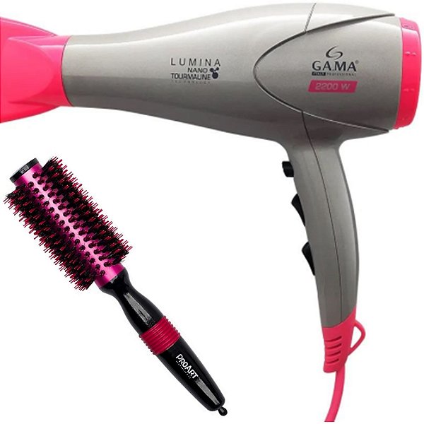 KIT SECADOR GAMA LUMINA NANO TOURMALINE ION 2200W 127V + ESCOVA PROART METALLIC PRO ROSA 25MM EPM05