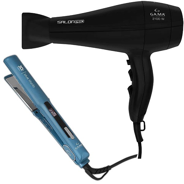 KIT GAMA - SECADOR SALON PRO ION 3D 2100W 127V + PRANCHA STARLIGHT W&L BLUE TITANIUM 3D 230ºC