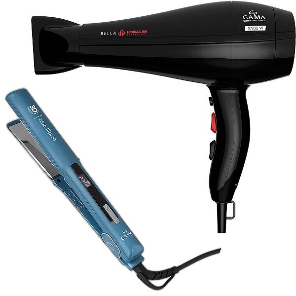 KIT GAMA - SECADOR BELLA TOURMALINE 2100W 127V + PRANCHA STARLIGHT W&L BLUE TITANIUM 3D 230ºC