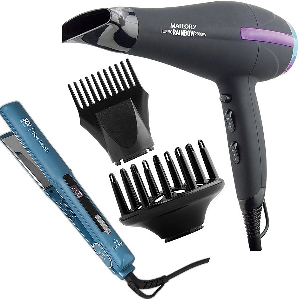 KIT - SECADOR MALLORY TURBO RAINBOW 2000W 127V + PRANCHA GAMA STARLIGHT W&L BLUE TITANIUM 3D 230ºC