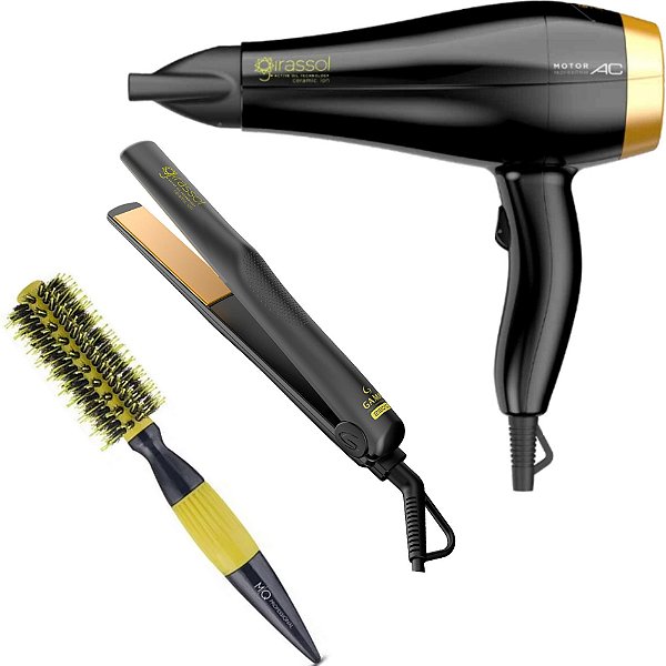 KIT GAMA GIRASSOL CERAMIC ION - SECADOR 2000W 127V + PRANCHA 220ºC + ESCOVA MQ 1795 MISTA 19MM