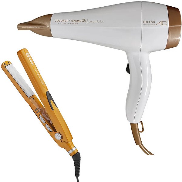 KIT - SECADOR GAMA COCONUT E ALMONDS CERAMIC ION 2000W 127V + PRANCHA LION TITTAN 215°C \ 420F
