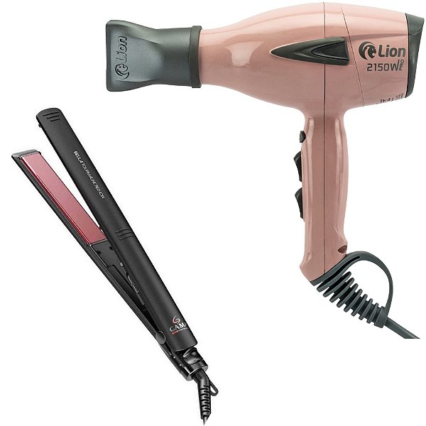 KIT - SECADOR LION LS07 2150W ROSA 220V + PRANCHA GAMA BELLA TOURMALINE RED ION 220°C