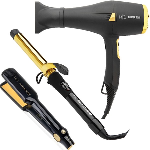 KIT MQ - SECADOR VORTEX GOLD 2200W 127V + PRANCHA MAX480 WIDE 250ºC + MODELADOR TITANIUM 25MM 230ºC