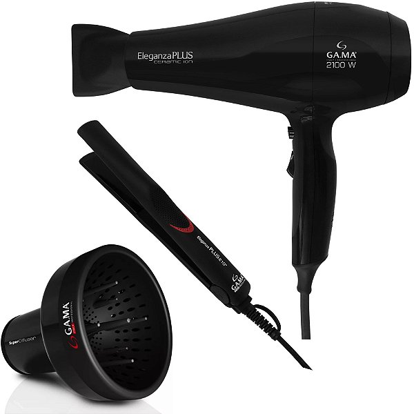 Kit Gama Eleganza Plus Ceramic Ion - Secador 2100w 220v + Prancha 220ºc + Difusor De Ar Universal
