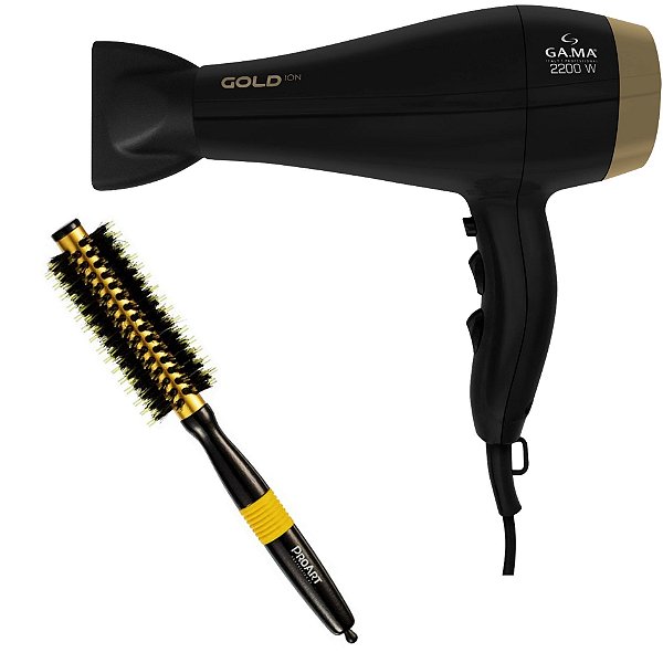 Kit - Secador Gama Gold Ion 2200w 220v + Escova Proart Metallic Pro Amarela 15mm Epm13