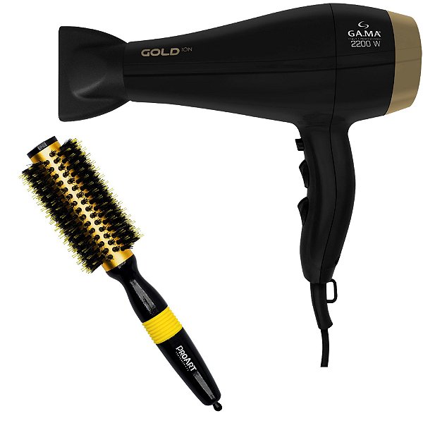 Kit - Secador Gama Gold Ion 2200w 127v + Escova Proart Metallic Pro Amarela 25mm Epm14