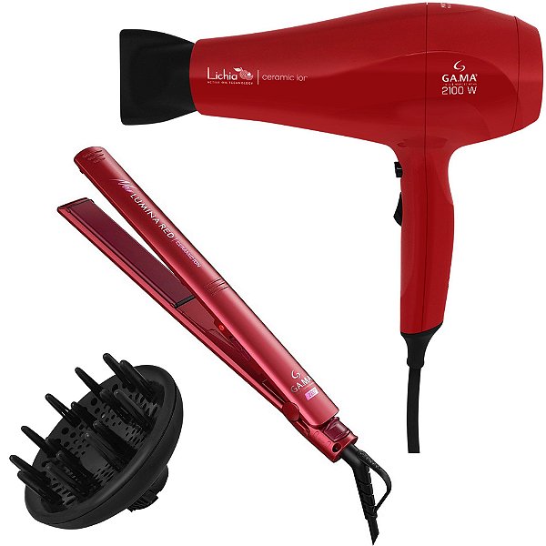 Kit Gama - Secador Lichia Ceramic Ion 2100w 127v + Prancha Elegance New Lumina Red Ceramic Ion 220ºc