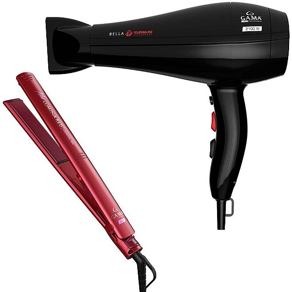 Kit Gama Secador Bella Tourmaline Ion 2100w 127v + Prancha Elegance New Lumina Red Ceramic Ion 220ºc