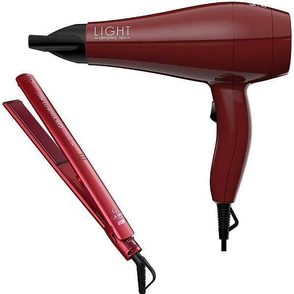 Kit Gama Ceramic Ion - Secador Light 2000w 220v + Prancha Elegance New Lumina Red 220ºc