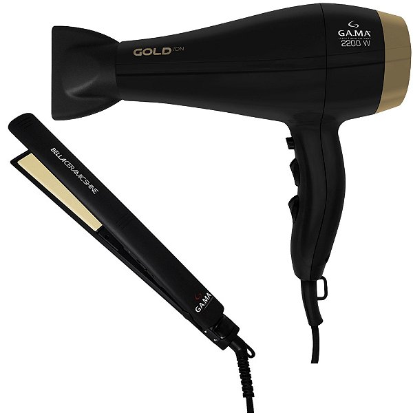Kit Gama - Secador Gold Ion 2200w 127v + Prancha Elegance Bella Ceramic Shine Blister 230ºc