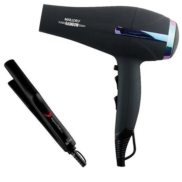 Kit - Secador Mallory Turbo Rainbow 2000w 220v + Prancha Gama Eleganza Plus 210ºc Bv