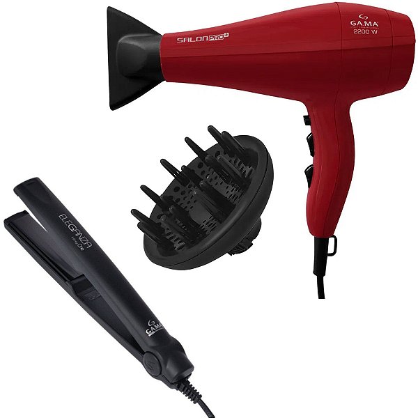 Kit Gama - Secador Salon Pro Ion Plus 3d 2200w Vermelho 220v + Prancha Eleganza Infinity One 220ºc