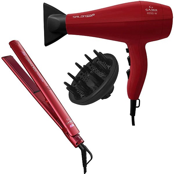 Kit Gama - Secador Salon Pro Ion Plus 3d 2200w Vermelho 127v + Prancha Elegance New Lumina Red 220ºc