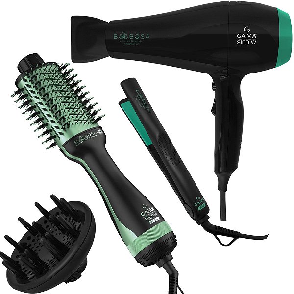 Kit Gama Babosa Ceramic Ion - Secador 2100w 127v + Escova Brush 3d 1300w Bv + Prancha 220ºc Bv