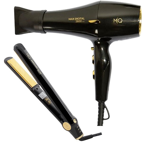 Kit Mq - Secador Max Digital 2800w Íon Black 220v + Prancha Max480 Slim Titanium Black 480ºf / 250ºc