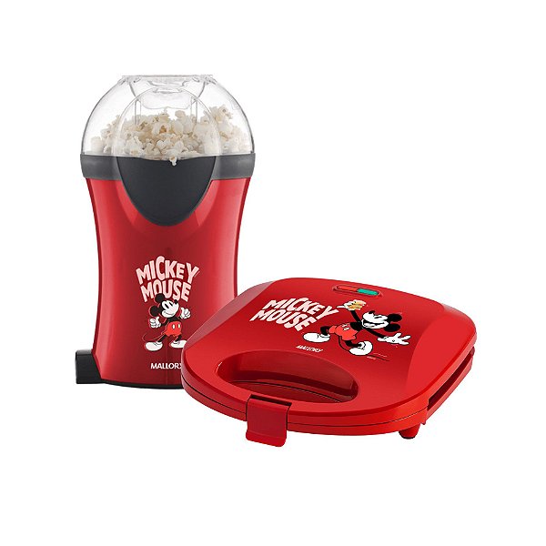 Kit Mallory - Pipoqueira Mickey Mouse 1200w Vermelha 127v + Sanduicheira Mickey Funny Plates 127v