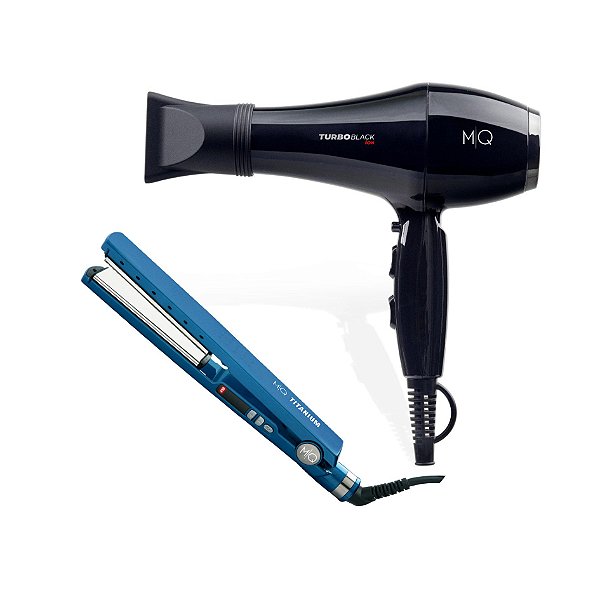 Kit Mq - Secador Cabelo Mq Turbo Black 2400w 127v + Chapinha Prancha Alisadora Mq Titanium Blue 450°