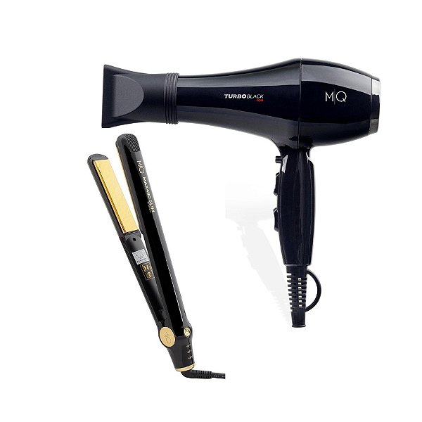 Kit Mq - Secador Cabelo Mq Turbo Black 2500w 220v + Chapinha Prancha Mq Max480 Slim Titanium Black