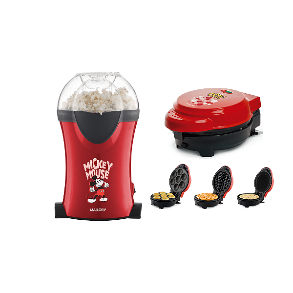 Kit Mallory - Pipoqueira Mickey Mouse 1200w Vermelho 127v + Maquina De Cupcakes 3 Em 1 Mickey Mouse