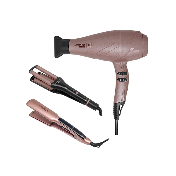 Kit Gama Keration - Secador 4d 2500w Bivolt + Chapinha X-wide Pro 230ºc + Modelador  X Waves