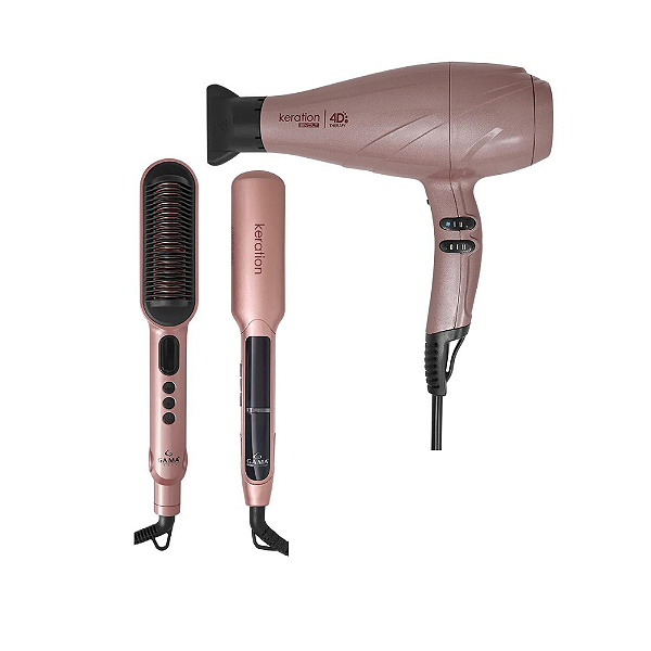 Kit Gama Keration - Secador 4d 2500w Bivolt + Chapinha X-wide Pro 230ºc + Prancha Waver & Brush