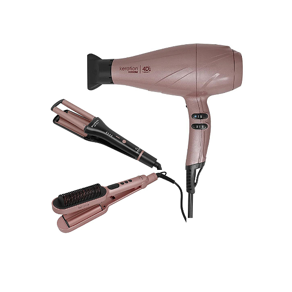 Kit Gama Keration - Secador 4d 2500w Bivolt + Prancha Waver & Brush + Modelador X-waves
