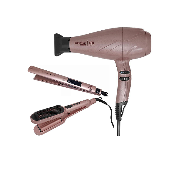 Kit Gama Keration - Secador 4d 2500w Bivolt + Prancha Elegance Led + Prancha Waver & Brush