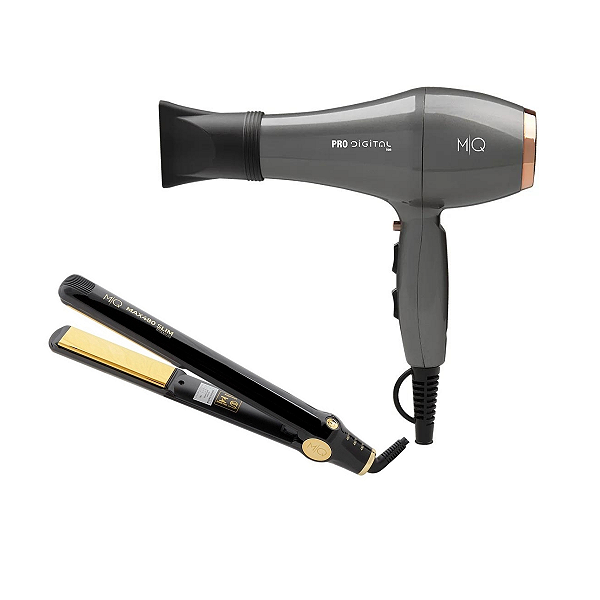 Kit Mq - Secador Mq Pro Digital Íon 2400w 127v+ Chapinha Prancha Mq Max480 Slim Titanium Black
