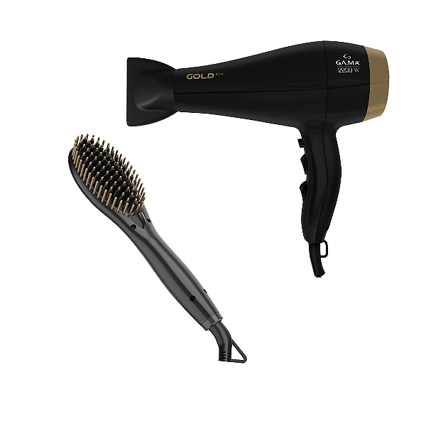 Kit Gama Gold Ion - Secador 2200w 127v + Escova Alisadora Gold Ion Bivolt