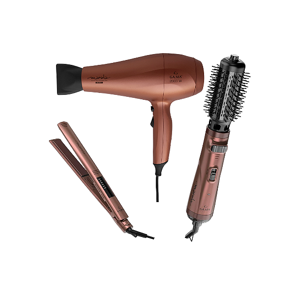Kit Gama Marula Bivolt - Secador Ceramic Ion 2000w + Escova Secadora Rotativa Bivolt + Chapinha Prancha Alisadora