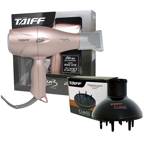 KIT TAIFF SECADOR PROFISSIONAL FOX ION 3 ROSE 2200W - 127V + DIFUSOR CURVES