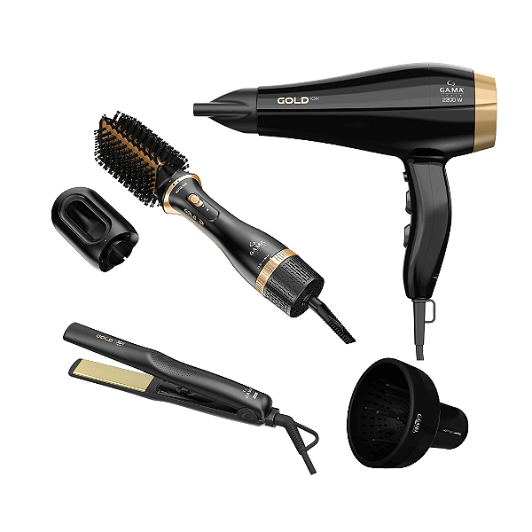 Kit Gama Gold Ion - Secador 2200w 127v + Escova Alisadora 1200w + Prancha 220ºc + Difusor