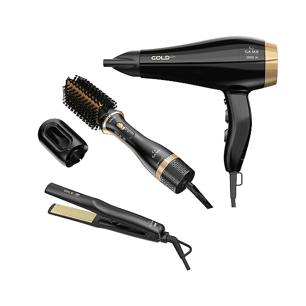 Kit Gama Gold Ion - Secador 2200w 220v + Escova Alisadora 1200w + Prancha 220ºc
