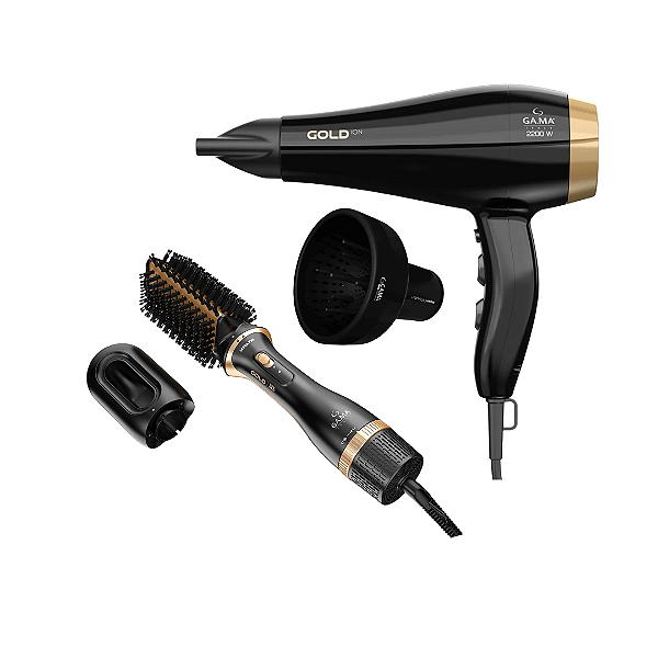 Kit Gama Gold Ion - Secador 2200w 220v + Escova Alisadora 1200w + Difusor