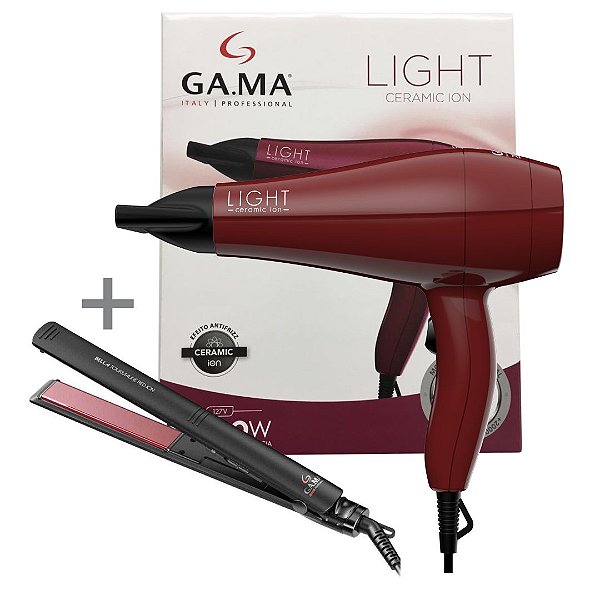 KIT GAMA SECADOR LIGHT CERAMIC ION 2000W PROFISSIONAL AC 127V + PRANCHA BELLA TOUR. RED ION 220°C