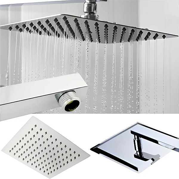 Ducha Quadrada 190001 Slim Inox 304 20x20cm Domum Com BraÇo De Parede 38cm Cromada