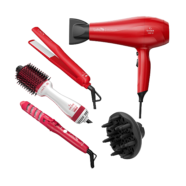 Kit Gama Lichia - Secador 2100w 220v + Escova 1300w + Modelador 180ºc + Prancha 220ºc