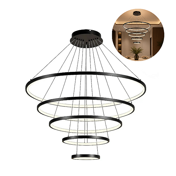 Lustre Pendente Led Domum 192009 5 Arcos Redondo Preto Luz Quente 4000k Bivolt