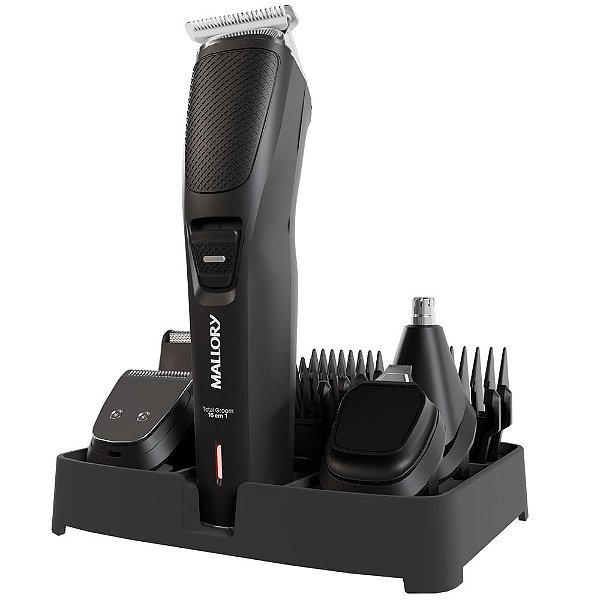 Aparador De Pelos Mallory Total Groom  16 Em 1 Multifuncional Laminas Em AÇo Cromo Base Suporte Usb Bivolt