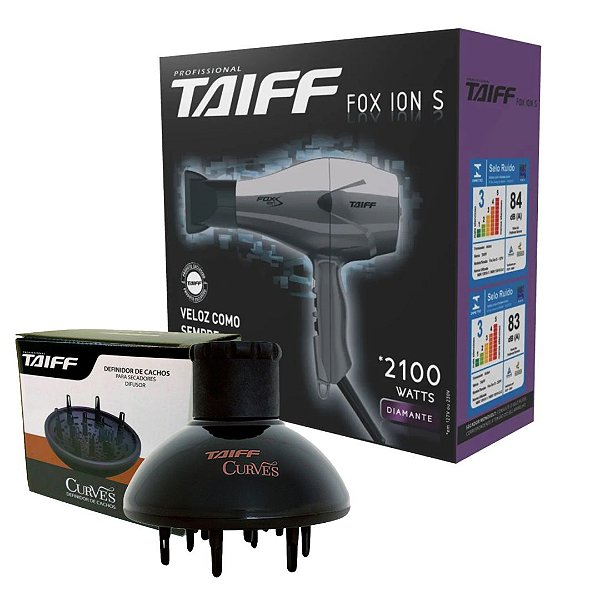 KIT TAIFF SECADOR PROFISSIONAL FOX ION S PRATA 2100W - 220V + DIFUSOR CURVES