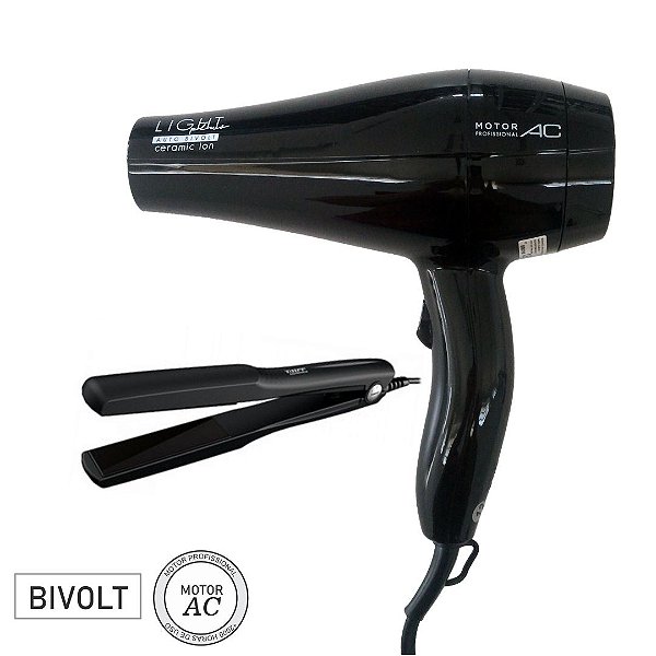 KIT BIVOLT - SECADOR GAMA LIGHT PLUS CERAMIC ION 2000W BIVOLT + PRANCHA TAIFF CERAMIC 180ºC - BIVOLT