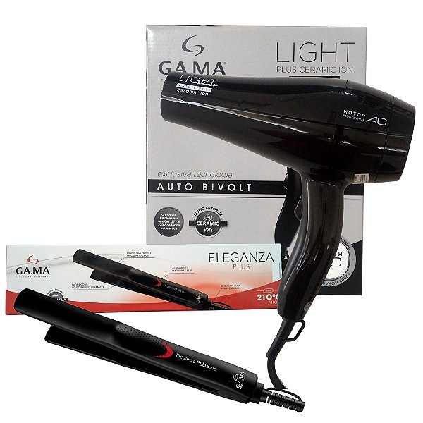 KIT GAMA BIVOLT - SECADOR LIGHT PLUS CERAMIC ION 2000W + PRANCHA ELEGANZA PLUS 210ºC