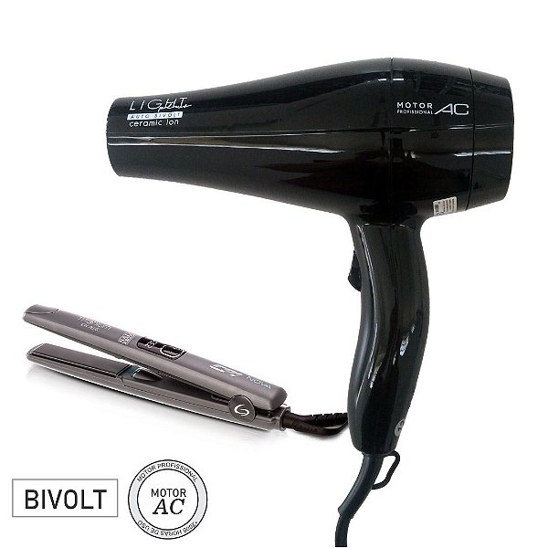 KIT GAMA ION PLUS BIVOLT - SECADOR LIGHT CERAMIC 2000W + PRANCHA SALON CP1 NOVA TITANIUM PRO 230ºC