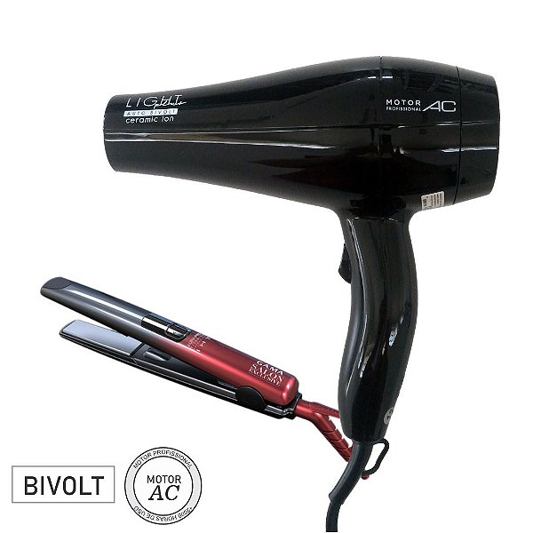 KIT GAMA BIVOLT - SECADOR LIGHT PLUS CERAMIC ION 2000W + PRANCHA SALON AURA PRO TITANIUM IHT 230ºC