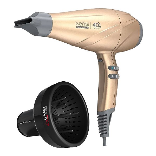 KIT GAMA - SECADOR DE CABELO PROFISSIONAL SENSI 4D THERAPY 2500W GOLD - BIVOLT + DIFUSOR