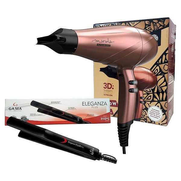 KIT GAMA BIVOLT - SECADOR DE CABELO MARULA 3D THERAPY ULTRA ION 2400W + PRANCHA ELEGANZA PLUS