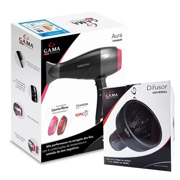 KIT GAMA - SECADOR DE CABELO AURA TITANIUM 2300W - 220V + DIFUSOR UNIVERSAL